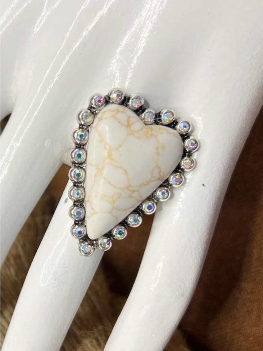 Western Ring White Heart Ring with Iridescent Crystal Halo